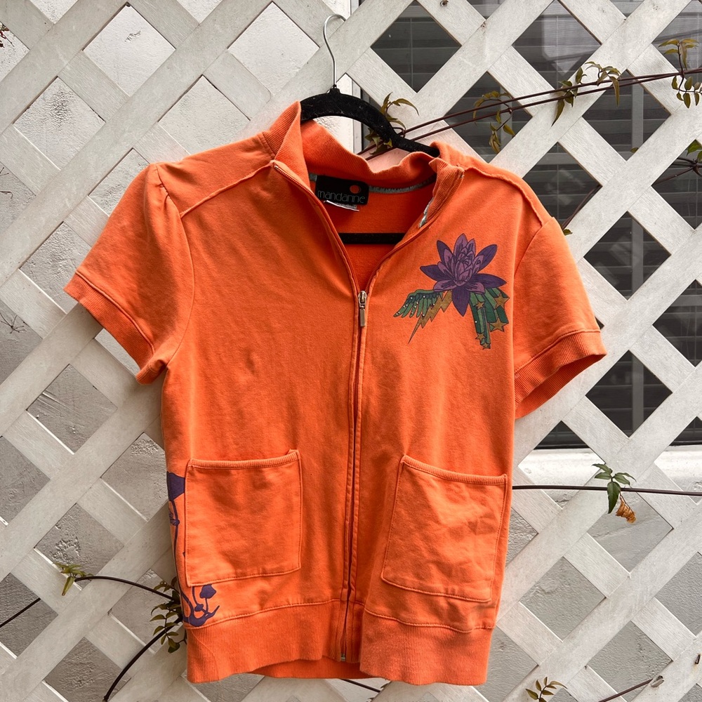 Vintage 2000s Orange Zip-Up Short Sleeve Jacket with Floral Design